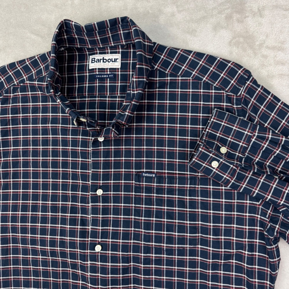 Barbour Button Down Mens Large Blue Tailored Fit Plaid Preppy Gingham
